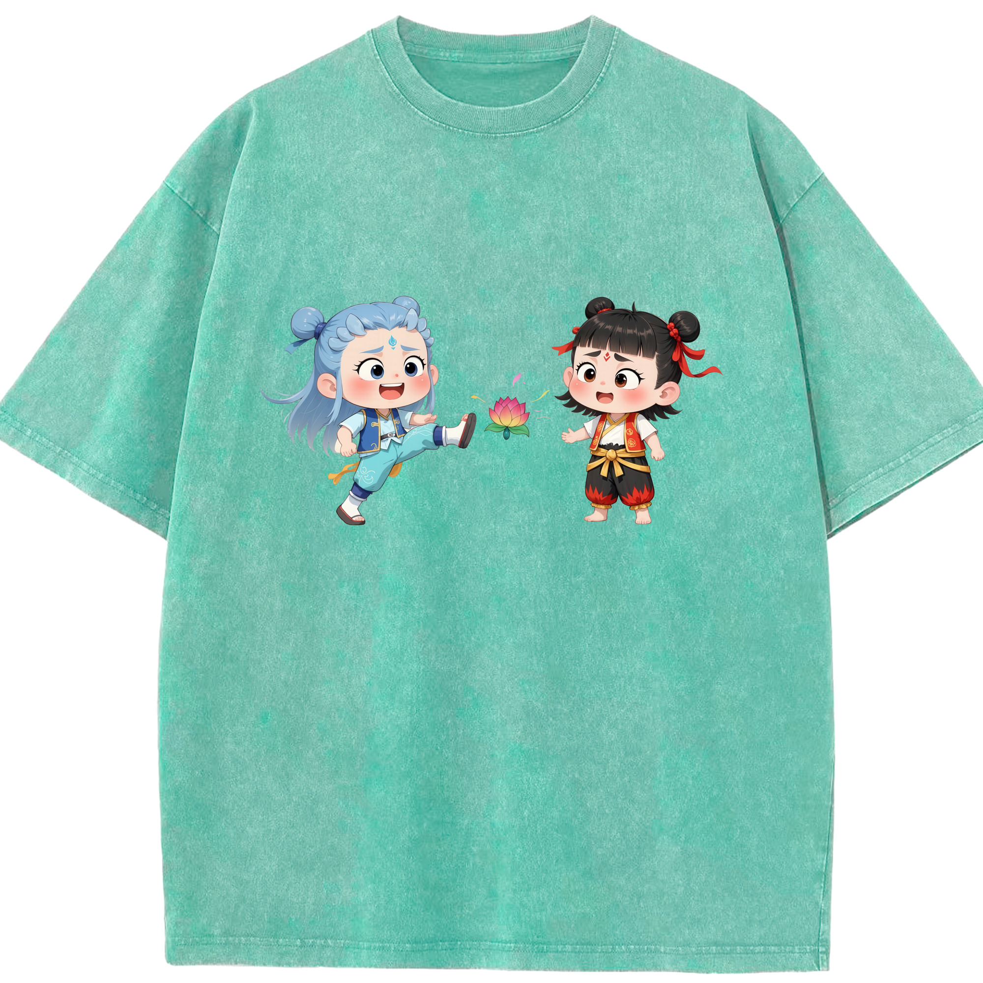 （画像用） Ne Zha 2 ナタ 魔童の大暴れ 綿100% ヴィンテージ風 半袖Tシャツ（フロントプリント）